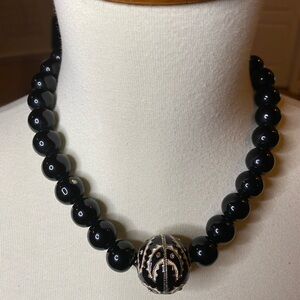 Vintage Cloisonné Black Glass Bead Necklace With Enamel Ball Pendant 18”